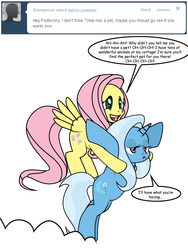 Size: 600x800 | Tagged: safe, artist:dekomaru, fluttershy, trixie, pony, tumblr:ask twixie, g4, ask, flying, pet, tumblr