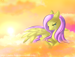 Size: 936x720 | Tagged: safe, artist:neko-luvz, fluttershy, pegasus, pony, g4, cloud, female, lidded eyes, looking away, mare, on a cloud, prone, sky, solo, spread wings, wings