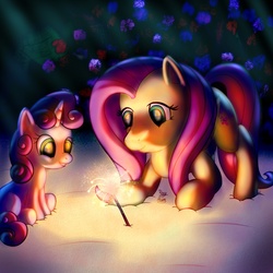 Size: 1000x1000 | Tagged: safe, artist:rayhiros, fluttershy, sweetie belle, pegasus, pony, unicorn, g4, duo, female, filly, fireworks, flutterbelle, lesbian, sand, shipping, sparkler (firework)