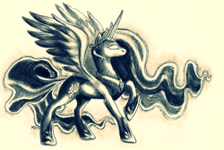 Size: 1200x806 | Tagged: dead source, safe, artist:gonedreamer, princess celestia, pony, g4, female, glowing eyes, grayscale, solo