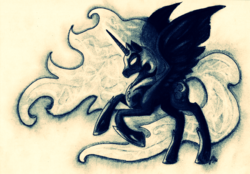 Size: 1157x803 | Tagged: dead source, safe, artist:gonedreamer, nightmare moon, pony, g4, female, monochrome, solo