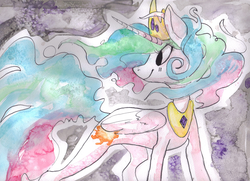 Size: 1399x1015 | Tagged: safe, artist:kitten-kites, princess celestia, pony, g4, female, solo, traditional art, watercolor painting