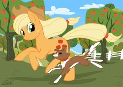 Size: 877x620 | Tagged: safe, artist:dawnallies, applejack, winona, dog, pony, g4, cute, looking at each other, pet, running
