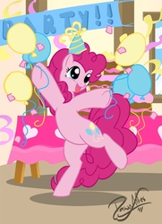 Size: 630x870 | Tagged: safe, artist:dawnallies, pinkie pie, earth pony, pony, g4, balloon, bipedal, female, hat, party, party hat, solo