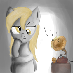 Size: 3000x3000 | Tagged: dead source, safe, artist:teknibaal, derpy hooves, pegasus, pony, g4, bust, female, free form jazz, gramophone, grandma's kisses, high res, hoof on chin, mare, raised eyebrow, solo, spongebob squarepants