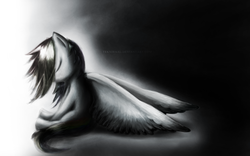 Size: 3600x2250 | Tagged: safe, artist:teknibaal, rainbow dash, pegasus, pony, g4, eyes closed, female, grayscale, high res, mare, monochrome, profile, sad, sitting, slumped, solo, wings down