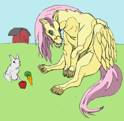 Size: 703x689 | Tagged: artist needed, safe, angel bunny, fluttershy, horse, pegasus, pony, rabbit, g4, animal, apple, carrot, creepy, creepy smile, duo, food, hoers, realistic, smiling