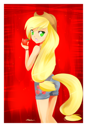 Size: 1299x1889 | Tagged: safe, artist:affanita, applejack, human, g4, female, humanized, obligatory apple, solo, tailed humanization