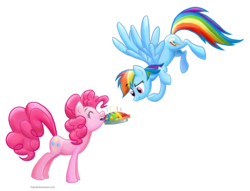 Size: 2666x2039 | Tagged: dead source, safe, artist:stratustrot, pinkie pie, rainbow dash, earth pony, pegasus, pony, g4, confused, duo, eyes closed, female, flying, grin, high res, hilarious in hindsight, lesbian, mare, mouth hold, pie, rainbow pie, raised eyebrow, ship:pinkiedash, shipping, simple background, transparent background, vector, zap apple pie