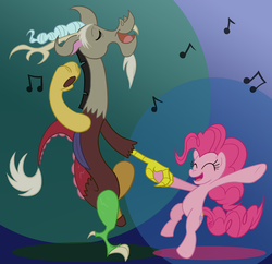 Size: 1136x1100 | Tagged: safe, artist:invderlava, discord, pinkie pie, draconequus, earth pony, pony, g4, bipedal, dancing, female, male, mare, music notes, open mouth, open smile, smiling