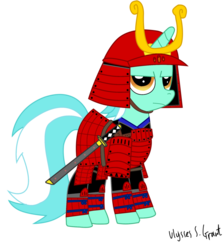 Size: 843x947 | Tagged: safe, artist:willowtails, lyra heartstrings, pony, unicorn, g4, armor, clothes, female, heartstrings, mare, samurai, simple background, solo, transparent background, unamused
