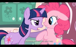 Size: 1680x1050 | Tagged: safe, screencap, pinkie pie, twilight sparkle, g4, green isn't your color, ei, hub logo, youtube caption