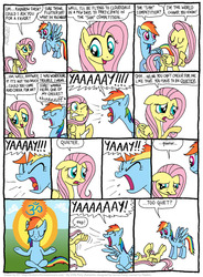 Size: 796x1081 | Tagged: safe, artist:kturtle, fluttershy, rainbow dash, pegasus, pony, g4, 13 panel comic, cheer, cheering, comic, duo, eep, female, hilarious in hindsight, hinduism, loud, mare, meditating, meditation, role reversal, yay