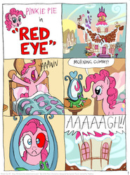 Size: 808x1089 | Tagged: safe, artist:kturtle, part of a set, gummy, pinkie pie, comic:red eye, g4, bed, comic, mirror, red eye, subconjunctival hemorrhage