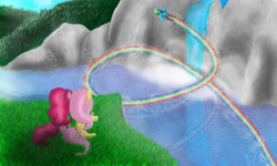 Size: 2000x1200 | Tagged: safe, artist:bronyontheway, fluttershy, pinkie pie, rainbow dash, g4, female, flying, lake, waterfall