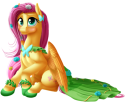 Size: 1300x1083 | Tagged: safe, artist:kittehkatbar, fluttershy, pegasus, pony, g4, clothes, dress, female, gala dress, mare, simple background, sitting, solo, transparent background