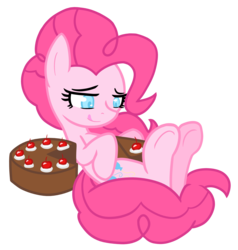 Size: 2686x2825 | Tagged: safe, artist:he4rtofcourage, pinkie pie, earth pony, pony, g4, cake, female, food, high res, looking down, lying down, mare, simple background, solo, tongue out, transparent background