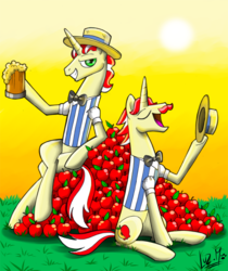 Size: 850x1013 | Tagged: safe, artist:chocolatechilla, flam, flim, pony, unicorn, g4, apple, brothers, cider, duo, duo male, flim flam brothers, food, male, siblings, stallion