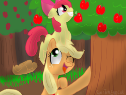 Size: 1024x768 | Tagged: safe, artist:robintehevocat, apple bloom, applejack, earth pony, pony, g4, apple, apple tree, female, filly, food, mare, one eye closed, tree