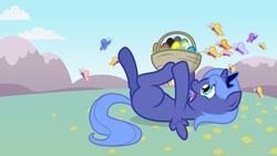 Size: 4859x2733 | Tagged: safe, artist:minimoose772, princess luna, alicorn, butterfly, pony, g4, cute, egg, female, filly, foal, lying down, on back, open mouth, open smile, silly filly, smiling, solo, woona