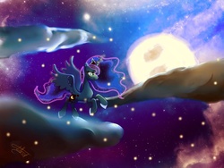 Size: 1024x768 | Tagged: safe, artist:fillred, princess luna, alicorn, pony, g4, cloud, female, mare, moon, solo, stars