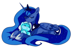 Size: 1200x800 | Tagged: dead source, safe, artist:lupreia, princess luna, trixie, g4, cuddling, cute, filly, foal, hug, lidded eyes, maternaluna, prone, simple background, smiling, snuggling, transparent background, younger