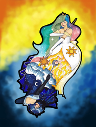 Size: 768x1024 | Tagged: safe, artist:zenturtle651692, princess celestia, princess luna, human, g4, humanized