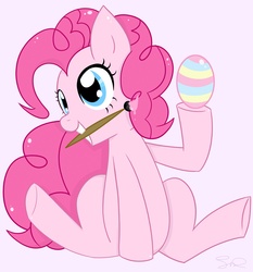 Size: 2100x2251 | Tagged: safe, artist:steffy-beff, pinkie pie, earth pony, pony, g4, easter, easter egg, female, high res, mare, paint, pink background, simple background, solo