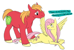 Size: 1280x878 | Tagged: safe, artist:cartoonlion, big macintosh, fluttershy, earth pony, pegasus, pony, g4, futa, intersex, male, nudity, preening, sheath, ship:fluttermac, shipping, stallion, straight