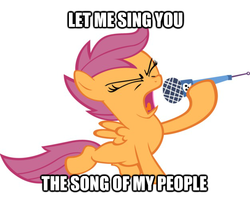 Size: 624x494 | Tagged: safe, artist:moongazeponies, edit, scootaloo, pegasus, pony, g4, the show stoppers, eyes closed, female, filly, foal, image macro, impact font, let me sing you the song of my people, magenta hair, magenta mane, magenta tail, microphone, orange body, orange coat, orange fur, orange pony, orange wings, simple background, singing, solo, text, vector, white background, wings