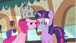 Size: 480x270 | Tagged: safe, screencap, mulia mild, pinkie pie, rarity, twilight sparkle, donkey, earth pony, pony, unicorn, g4, mmmystery on the friendship express, season 2, all new, animated, bubble, bubble pipe, deerstalker, female, gif, hair over one eye, hat, hub logo, logo, mare, open mouth, pipe, popping, scrunchy face, text, the hub, twilight popple, unicorn twilight