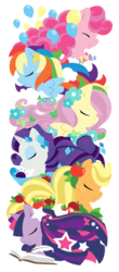 Size: 1100x2501 | Tagged: safe, artist:raygirl, applejack, fluttershy, pinkie pie, rainbow dash, rarity, twilight sparkle, earth pony, pegasus, pony, unicorn, g4, apple, book, candy, eyes closed, female, flower, flower in hair, food, horn, lineless, mane six, mare, quill, simple background, spread wings, stars, totem, transparent background, wings