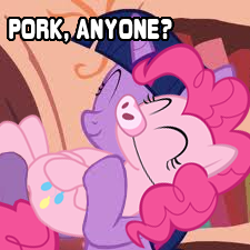 Size: 225x225 | Tagged: safe, pinkie pie, twilight sparkle, pig, g4, caption, exploitable, image macro, piggie pie, reaction image