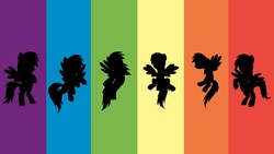 Size: 1400x787 | Tagged: dead source, safe, artist:shiropoint, artist:waranto, rainbow dash, pegasus, pony, g4, female, race, rainbow, rainbow background, silhouette, wallpaper