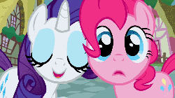 Size: 1280x720 | Tagged: safe, screencap, pinkie pie, rarity, earth pony, pony, unicorn, g4, season 1, the ticket master, animated, blinking, duo, female, looking at you, mare, smiling