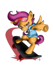 Size: 2400x3200 | Tagged: dead source, safe, artist:gatodelfuturo, scootaloo, pegasus, pony, g4, clothes, female, high res, simple background, skateboard, solo, sunglasses, transparent background, underhoof, vest