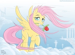 Size: 918x677 | Tagged: safe, artist:pooryorick, fluttershy, pegasus, pony, g4, cloud, cloudy, looking at you, mouth hold, raised hoof, rose, smiling, spread wings, wind, windswept mane, wings