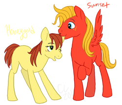 Size: 700x603 | Tagged: safe, artist:cartoonlion, oc, oc:honeygold, oc:sunset, earth pony, pony, ear bite, foal, male, offspring, parent:big macintosh, parent:fluttershy, parents:fluttermac, stallion, twins