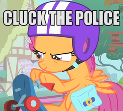 Size: 449x405 | Tagged: safe, scootaloo, pegasus, pony, g4, female, filly, fuck the police, house, image macro, scootachicken, solo, tree