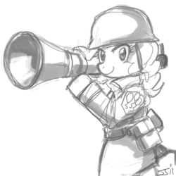 Size: 900x900 | Tagged: safe, artist:johnjoseco, pinkie pie, earth pony, pony, g4, crossover, female, grayscale, monochrome, soldier, soldier (tf2), solo, team fortress 2