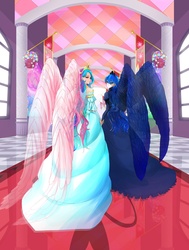 Size: 2036x2700 | Tagged: safe, artist:abysstea, princess celestia, princess luna, human, g4, clothes, crown, dress, duo, gown, high res, humanized, jewelry, large wings, looking at you, looking back, looking back at you, off shoulder, regal, regalia, sisters, spread wings, winged humanization, wings