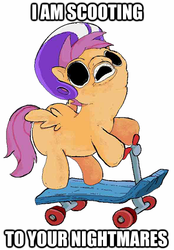 Size: 412x592 | Tagged: safe, artist:applebeans, edit, scootaloo, pegasus, pony, g4, caption, cyriak, female, filly, image macro, nightmare fuel, not salmon, scooter, solo, text, wat