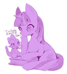 Size: 515x566 | Tagged: safe, artist:mimidori, spike, twilight sparkle, dragon, pony, unicorn, g4, book, female, male, mare, sitting