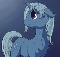 Size: 900x857 | Tagged: dead source, safe, artist:jakneurotic, trixie, pony, unicorn, g4, female, mare, missing accessory, rain, sad, wet mane