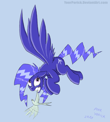 Size: 996x1107 | Tagged: source needed, safe, artist:pooryorick, oc, oc only, oc:blueball blitz, bird, pegasus, pony, female, flying, looking up, mare, pegasus oc, shadowbolts, solo, wings