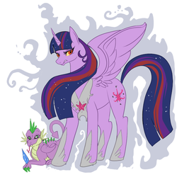 Size: 600x600 | Tagged: safe, artist:lulubell, spike, twilight sparkle, alicorn, dragon, pony, g4, colored claws, duo, female, gem, hoof shoes, implied evil, male, mare, older, older spike, older twilight, peytral, simple background, twilight sparkle (alicorn), tyrant sparkle, ultimate twilight, white background, winged spike, wings, yellow sclera
