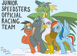 Size: 1418x1043 | Tagged: safe, artist:pooryorick, gilda, rainbow dash, oc, oc:charger, dragon, griffon, pegasus, pony, g4, chest fluff, cloud, dragon oc, female, goggles, grin, hooves, junior speedsters, male, mare, on a cloud, one eye closed, smiling, spread wings, stallion, standing on a cloud, wings