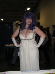 Size: 512x682 | Tagged: safe, artist:equestrian-strumpet, rarity, human, bronycon, bronycon 2012, g4, cleavage, clothes, cosplay, curvy, female, gloves, irl, irl human, long gloves, photo