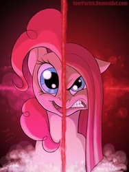 Size: 747x991 | Tagged: safe, artist:pooryorick, pinkie pie, earth pony, pony, g4, angry, blue eyes, duality, ears back, ears up, female, floppy ears, frown, gritted teeth, happy, mare, open mouth, open smile, pink coat, pink fur, pink hair, pink mane, pink pony, pinkamena diane pie, redraw, smiling, solo, split screen, teeth, two sides