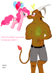 Size: 900x1265 | Tagged: safe, artist:doomxwolf, pinkie pie, oc, earth pony, goat, pony, anthro, g4, clothes, furry, muscles, topless